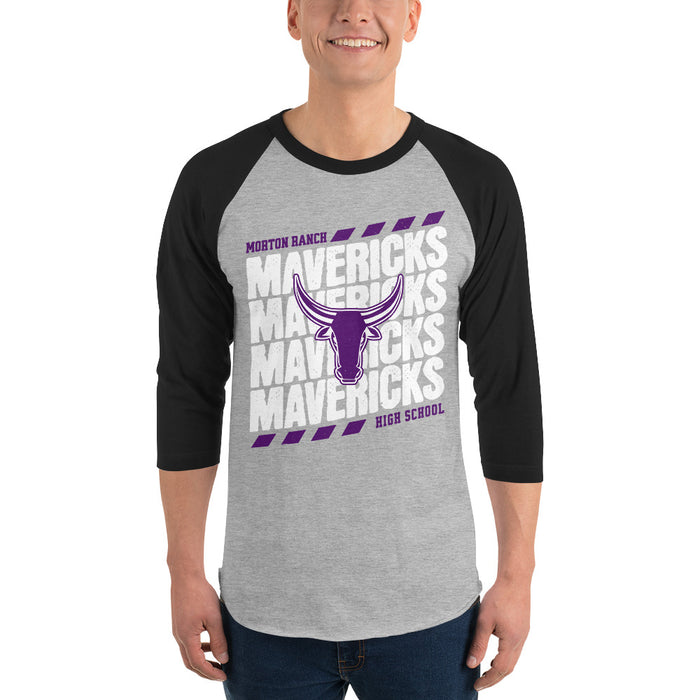 Man wearing Morton Ranch High School Mavericks Unisex 3/4 sleeve Raglan T-shirt 223