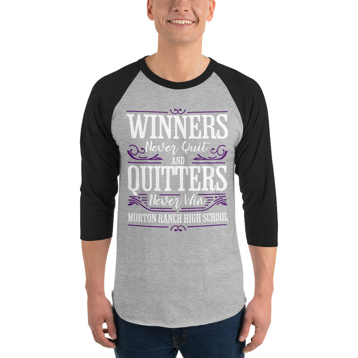 Man wearing Morton Ranch High School Mavericks Unisex 3/4 sleeve Raglan T-shirt 237