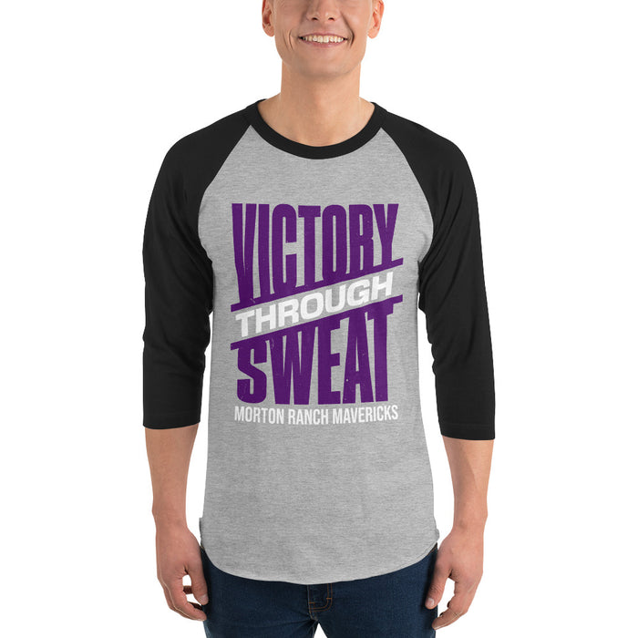 Man wearing Morton Ranch High School Mavericks Unisex 3/4 sleeve Raglan T-shirt 241