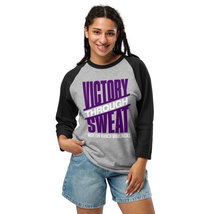 Woman wearing Morton Ranch High School Mavericks Unisex 3/4 sleeve Raglan T-shirt 241