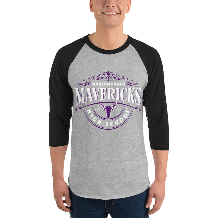 Man wearing Morton Ranch High School Mavericks Unisex 3/4 sleeve Raglan T-shirt 211