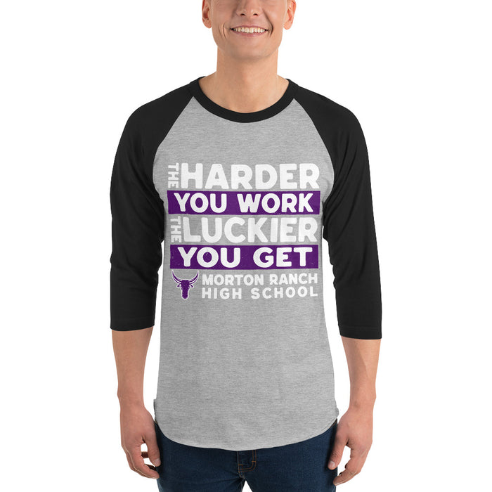 Man wearing Morton Ranch High School Mavericks Unisex 3/4 sleeve Raglan T-shirt 238