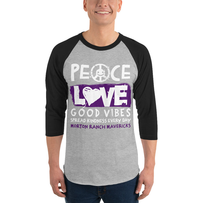Man wearing Morton Ranch High School Mavericks Unisex 3/4 sleeve Raglan T-shirt 240