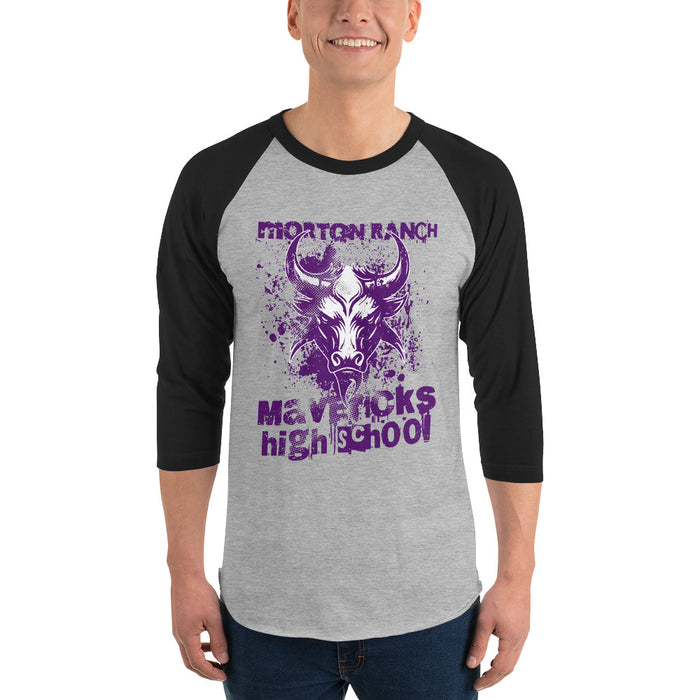 Man wearing Morton Ranch High School Mavericks Unisex 3/4 sleeve Raglan T-shirt 205
