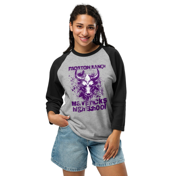 Woman wearing Morton Ranch High School Mavericks Unisex 3/4 sleeve Raglan T-shirt 205