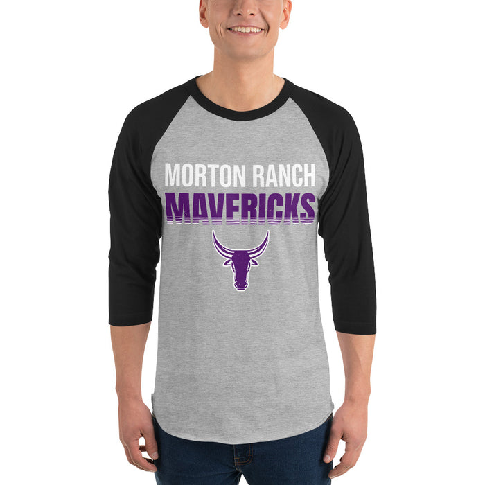 Man wearing Morton Ranch High School Mavericks Unisex 3/4 sleeve Raglan T-shirt 024