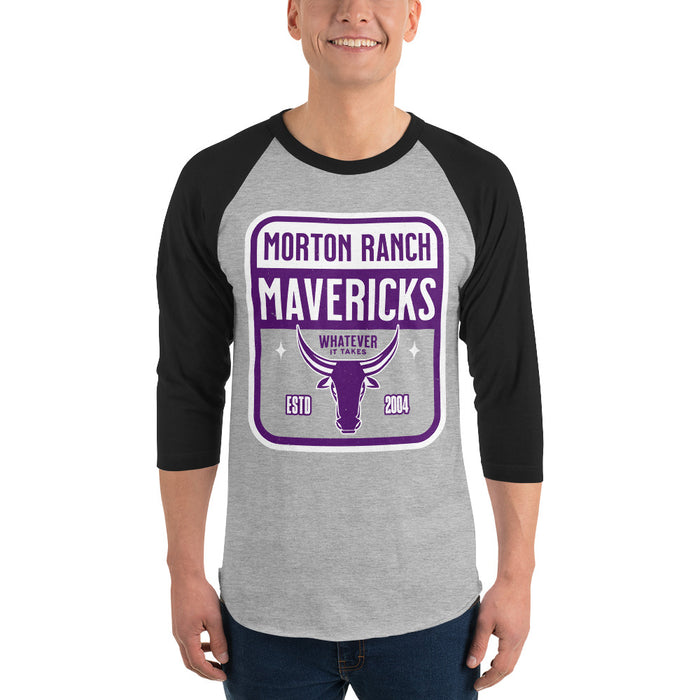 Close-up view of Morton Ranch High School Mavericks Unisex 3/4 sleeve Raglan T-shirt 001