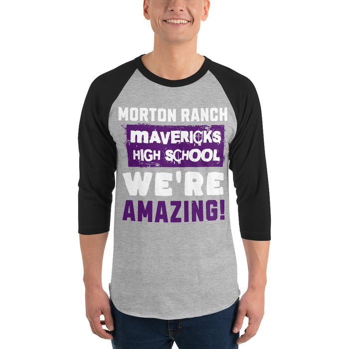 Man wearing Morton Ranch High School Mavericks Unisex 3/4 sleeve Raglan T-shirt 231
