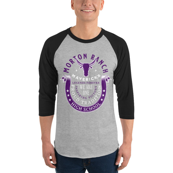 Man wearing Morton Ranch High School Mavericks Unisex 3/4 sleeve Raglan T-shirt 229