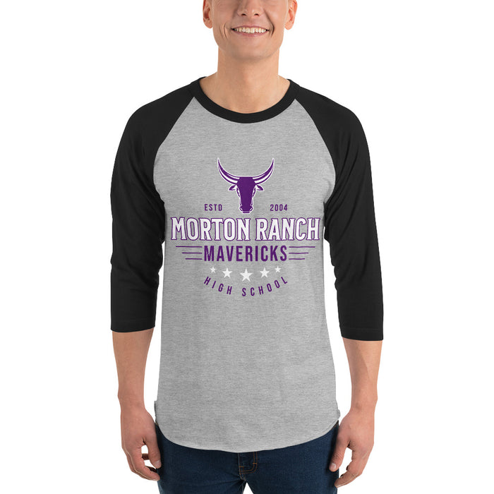 Man wearing Morton Ranch High School Mavericks Unisex 3/4 sleeve Raglan T-shirt 217