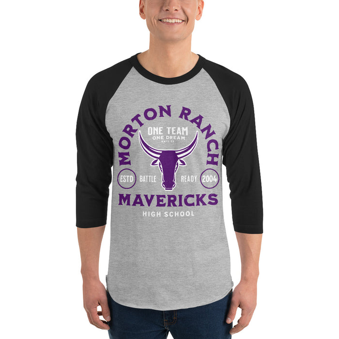Man wearing Morton Ranch High School Mavericks Unisex 3/4 sleeve Raglan T-shirt 208