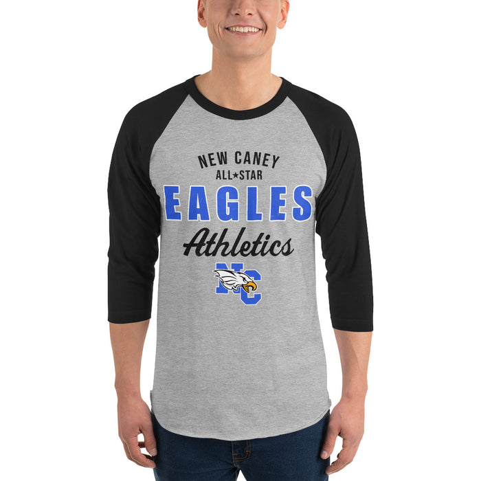 Man wearing New Caney High School Eagles Unisex 3/4 sleeve Raglan T-shirt 034