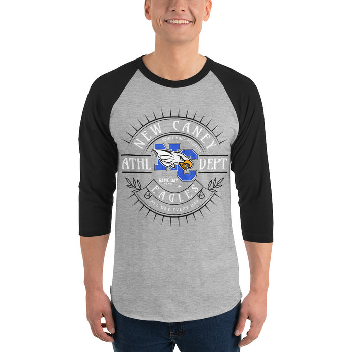 Man wearing New Caney High School Eagles Unisex 3/4 sleeve Raglan T-shirt 201