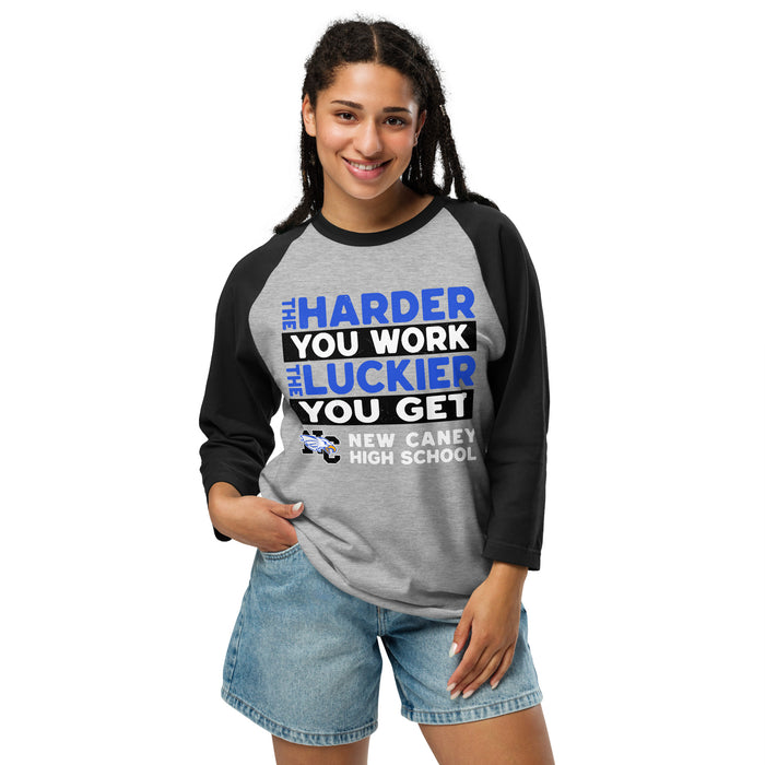 Woman wearing New Caney High School Eagles Unisex 3/4 sleeve Raglan T-shirt 238
