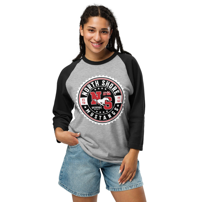 Woman wearing North Shore High School Mustangs Unisex 3/4 Sleeve Raglan T-shirt 203