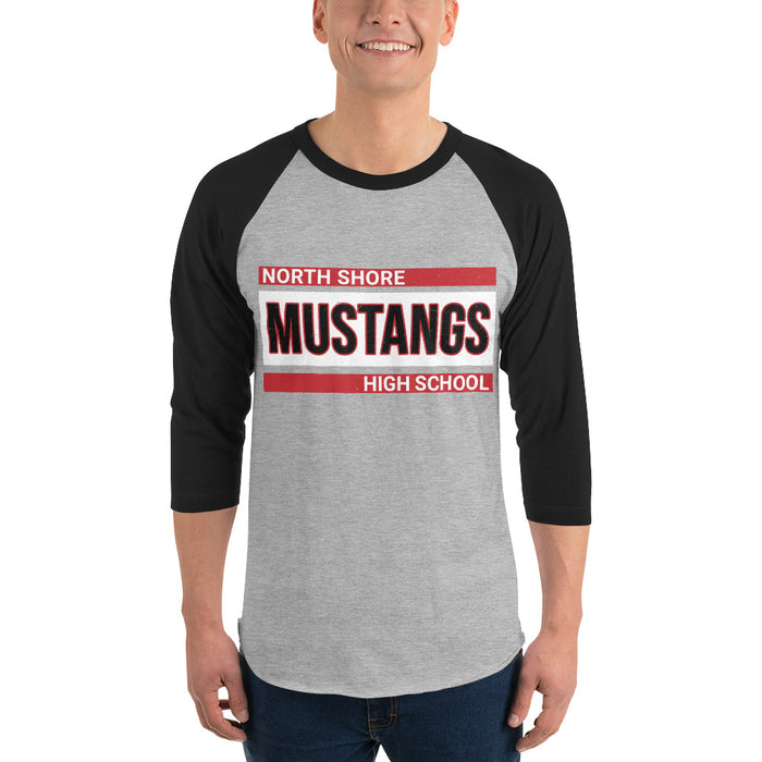 Man wearing North Shore High School Mustangs Unisex 3/4 Sleeve Raglan T-shirt 098