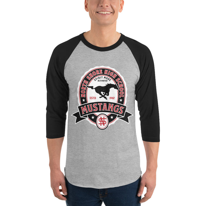 Man wearing North Shore High School Mustangs Unisex 3/4 Sleeve Raglan T-shirt 212