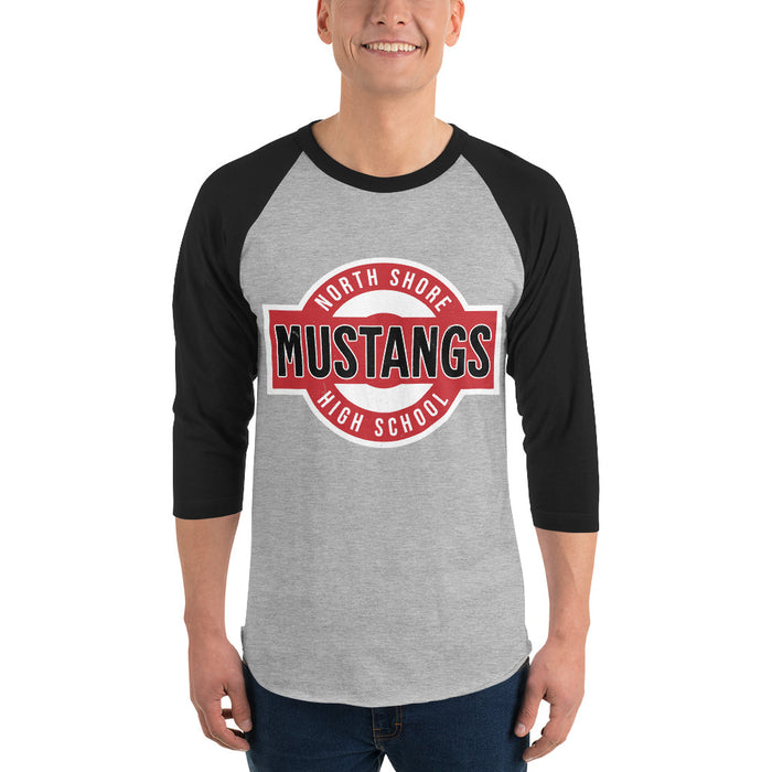 Man wearing North Shore High School Mustangs Unisex 3/4 Sleeve Raglan T-shirt 011