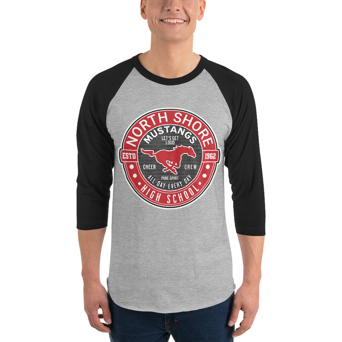 Man wearing North Shore High School Mustangs Unisex 3/4 Sleeve Raglan T-shirt 224