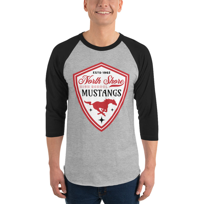 Man wearing North Shore High School Mustangs Unisex 3/4 Sleeve Raglan T-shirt 225