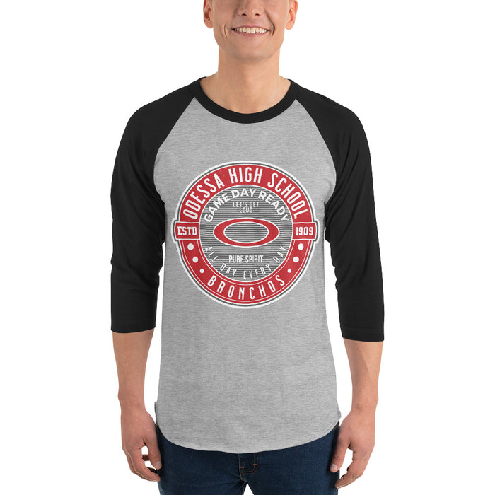 Man wearing Odessa High School Bronchos Unisex 3/4 sleeve Raglan T-shirt 224