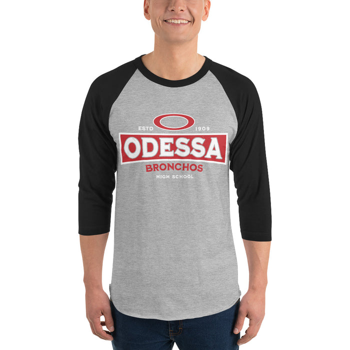 Man wearing Odessa High School Bronchos Unisex 3/4 sleeve Raglan T-shirt 202