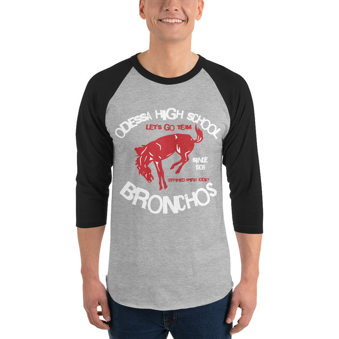 Man wearing Odessa High School Bronchos Unisex 3/4 sleeve Raglan T-shirt 228