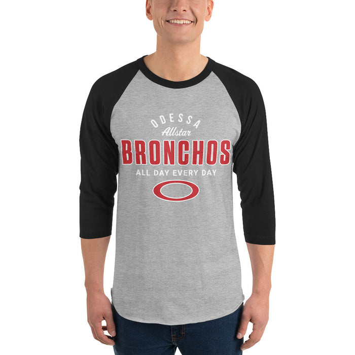 Man wearing Odessa High School Bronchos Unisex 3/4 sleeve Raglan T-shirt 040