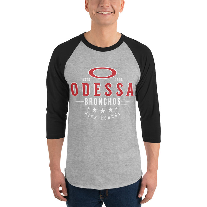 Man wearing Odessa High School Bronchos Unisex 3/4 sleeve Raglan T-shirt 217