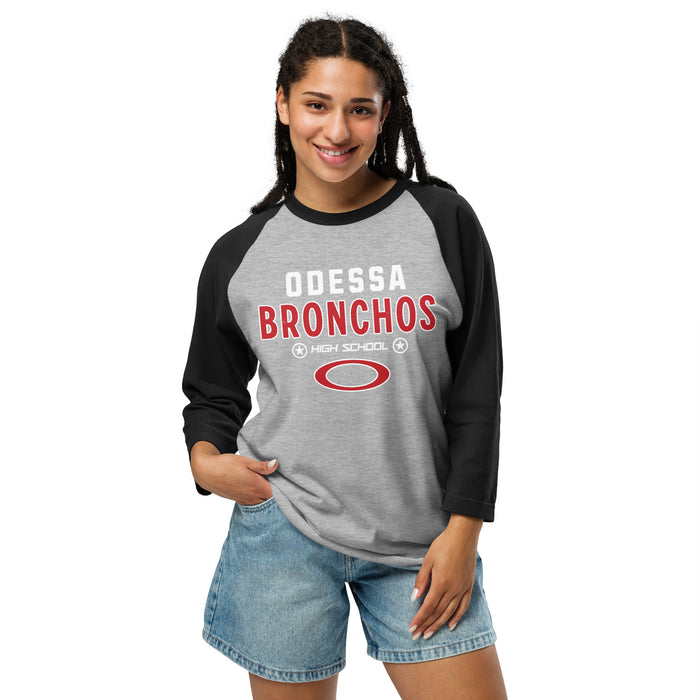 Woman wearing Odessa High School Bronchos Unisex 3/4 sleeve Raglan T-shirt 003