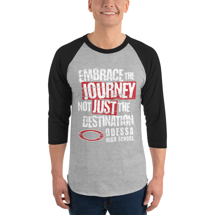 Man wearing Odessa High School Bronchos Unisex 3/4 sleeve Raglan T-shirt 232