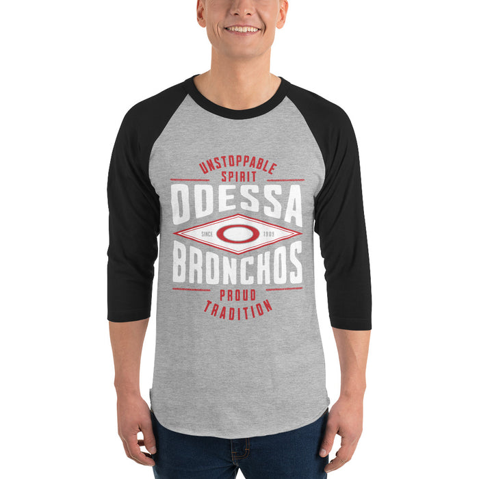 Man wearing Odessa High School Bronchos Unisex 3/4 sleeve Raglan T-shirt 210