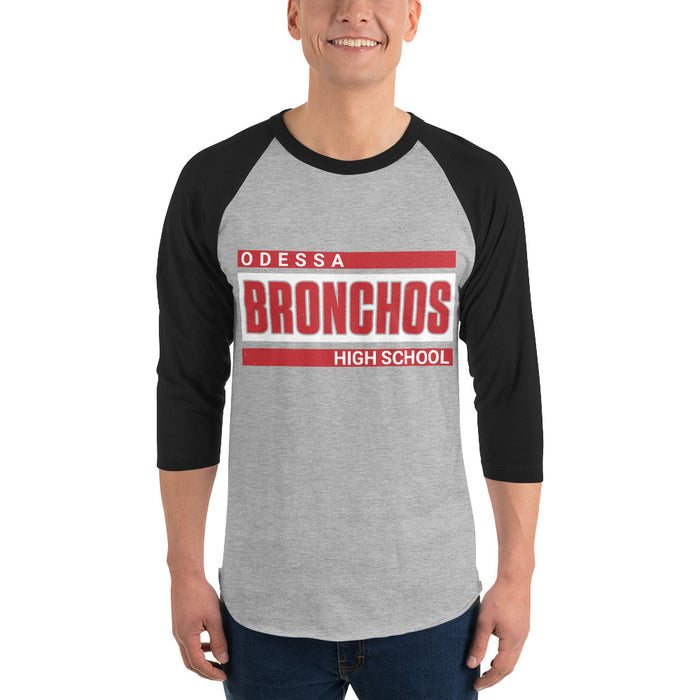 Man wearing Odessa High School Bronchos Unisex 3/4 sleeve Raglan T-shirt 098