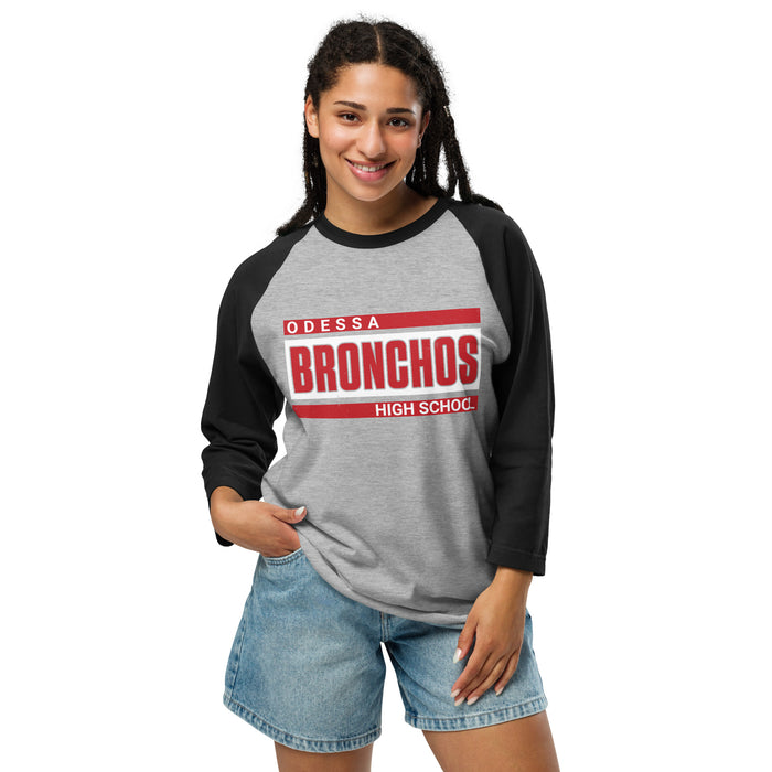 Woman wearing Odessa High School Bronchos Unisex 3/4 sleeve Raglan T-shirt 098
