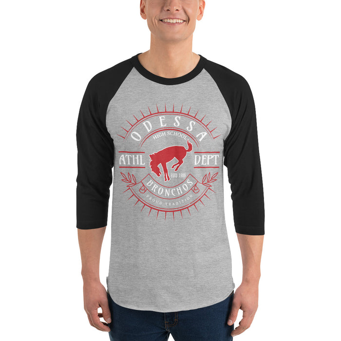 Man wearing Odessa High School Bronchos Unisex 3/4 sleeve Raglan T-shirt 201