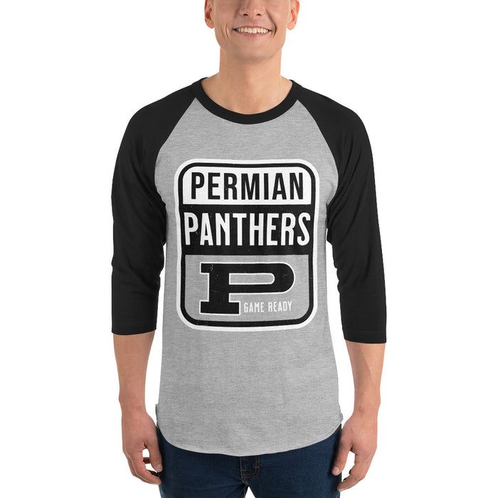 Man wearing Permian High School Panthers Unisex 3/4 sleeve Raglan T-shirt 001