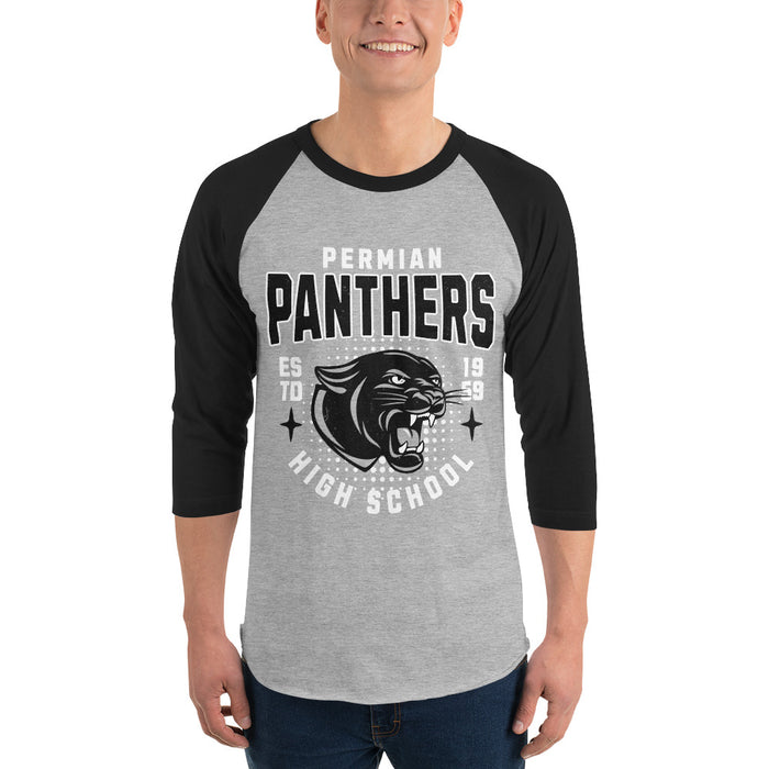Man wearing Permian High School Panthers Unisex 3/4 sleeve Raglan T-shirt 204