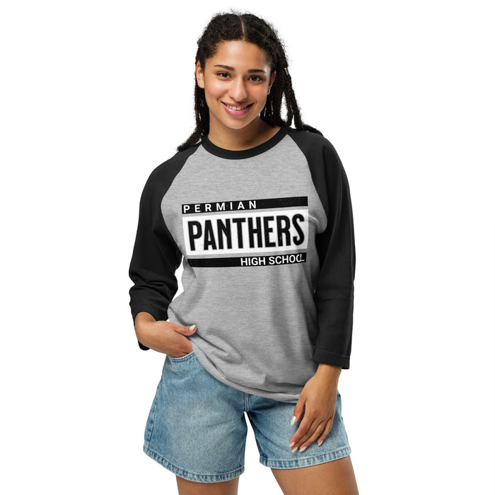 Woman wearing Permian High School Panthers Unisex 3/4 sleeve Raglan T-shirt 098
