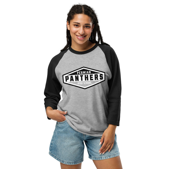 Woman wearing Permian High School Panthers Unisex 3/4 sleeve Raglan T-shirt 009