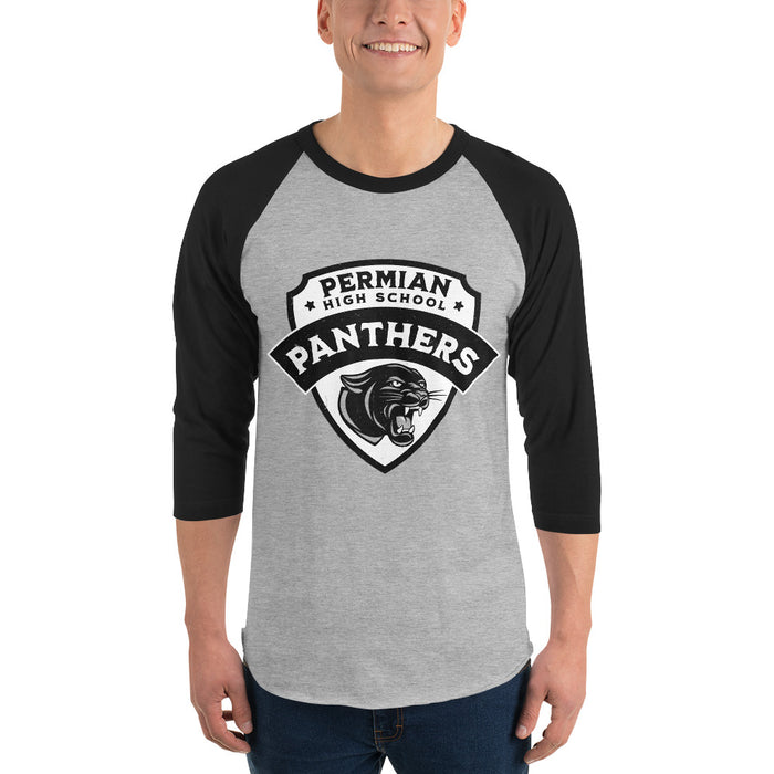 Man wearing Permian High School Panthers Unisex 3/4 sleeve Raglan T-shirt 221