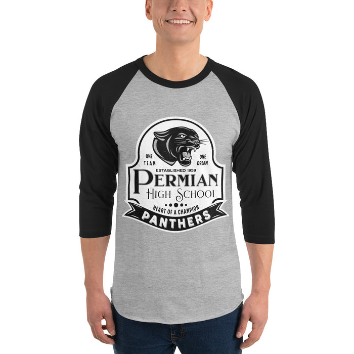 Man wearing Permian High School Panthers Unisex 3/4 sleeve Raglan T-shirt 219