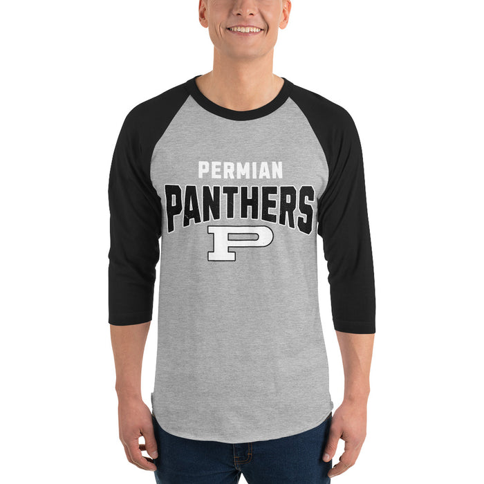 Man wearing Permian High School Panthers Unisex 3/4 sleeve Raglan T-shirt 234