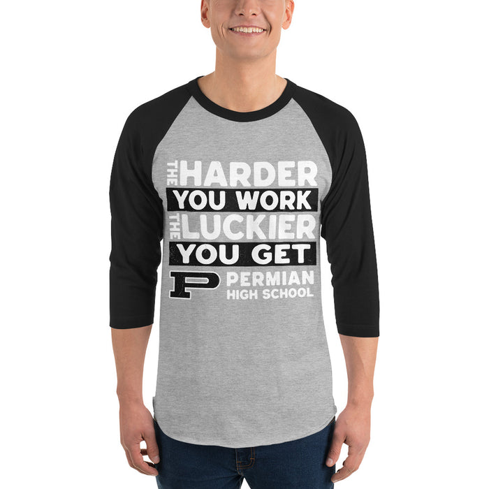 Man wearing Permian High School Panthers Unisex 3/4 sleeve Raglan T-shirt 238