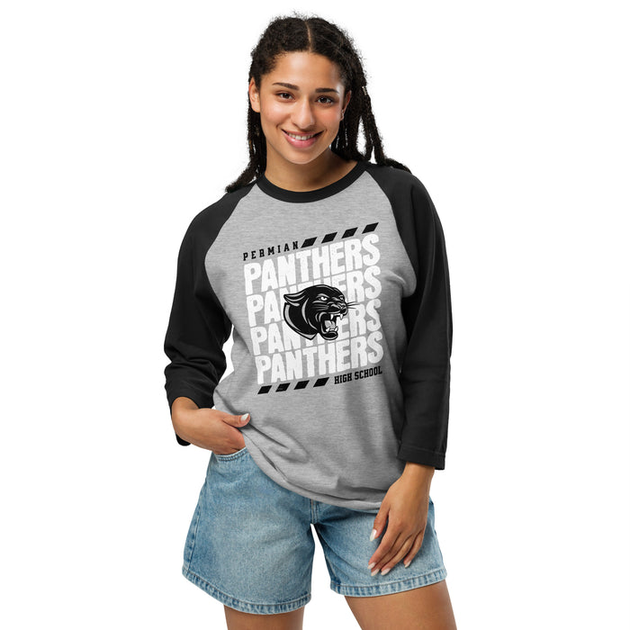 Woman wearing Permian High School Panthers Unisex 3/4 sleeve Raglan T-shirt 223