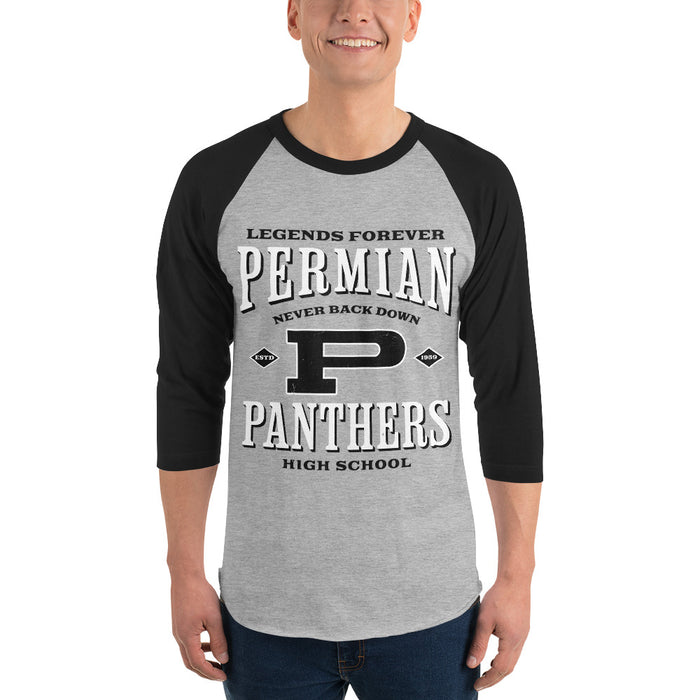 Man wearing Permian High School Panthers Unisex 3/4 sleeve Raglan T-shirt 230