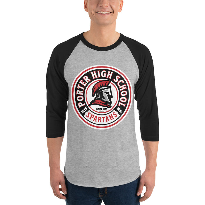 Man wearing Porter High School Spartans Unisex 3/4 Sleeve Raglan T-shirt 229