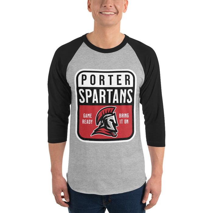 Man wearing Porter High School Spartans Unisex 3/4 Sleeve Raglan T-shirt 001