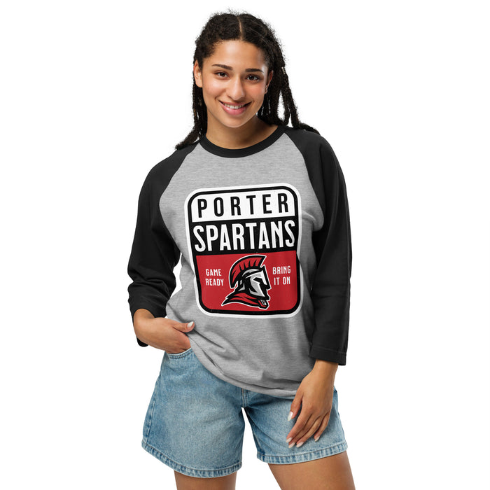 Woman wearing Porter High School Spartans Unisex 3/4 Sleeve Raglan T-shirt 001