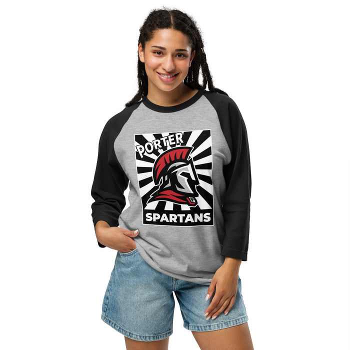 Woman wearing Porter High School Spartans Unisex 3/4 Sleeve Raglan T-shirt 226