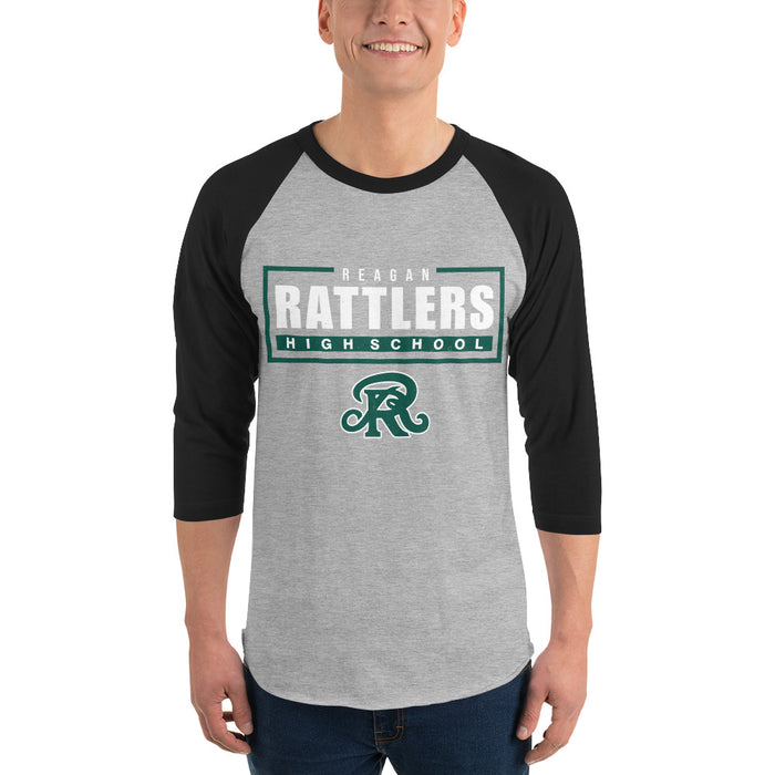 Man wearing Reagan High School Rattlers Unisex 3/4 sleeve Raglan T-shirt 049